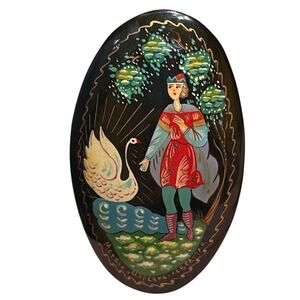 Vintage Russian Lacquer Folk Art Brooch Hand Painted Swan Maiden Scene Pin